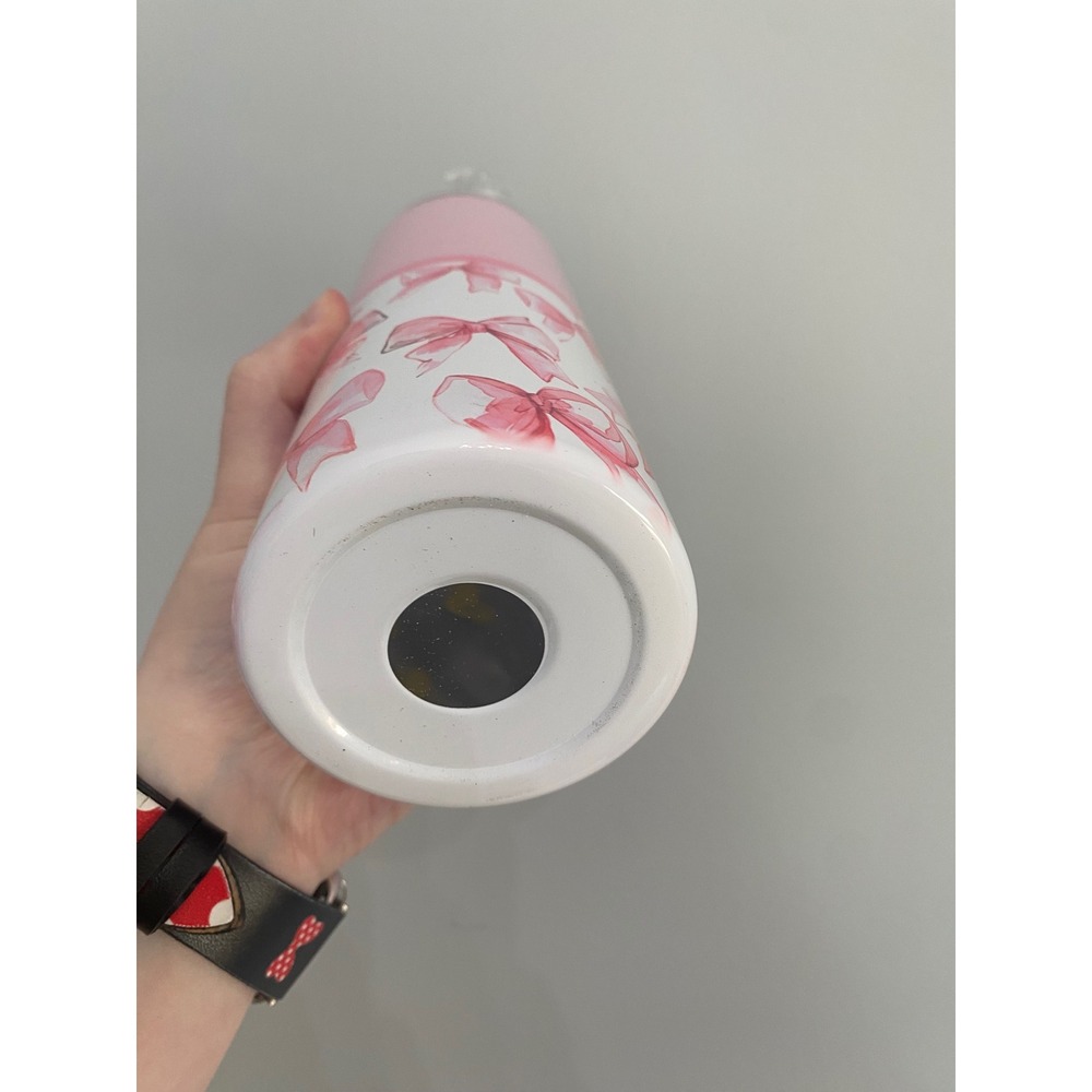 Skinny Tumbler Women 20oz Pink White Coquette Watercolor Bows Faux Leather Print - Picture 7 of 8